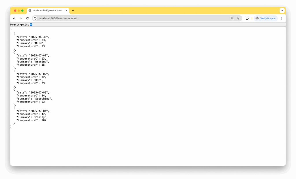 Browser showing weather forecast API response at localhost:8080