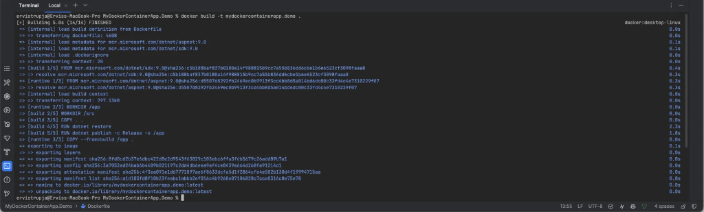 Terminal output showing Docker build process with layers being created