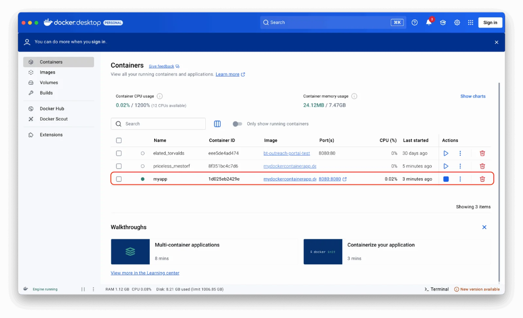 Docker Desktop UI showing the myapp container running