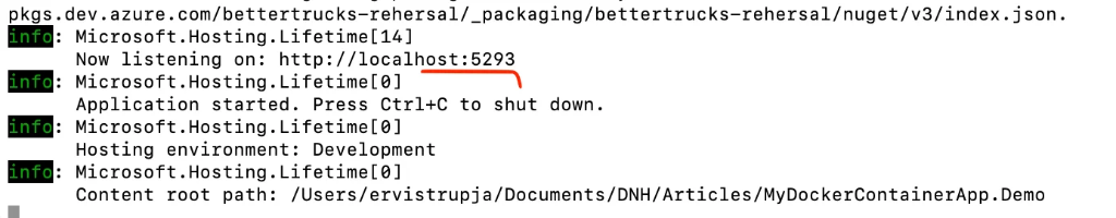 Terminal output showing dotnet run command with port 5293 assigned