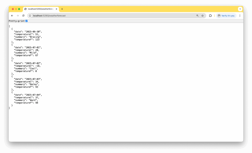 Weather forecast API JSON response showing array of weather data with dates, temperatures, and summaries