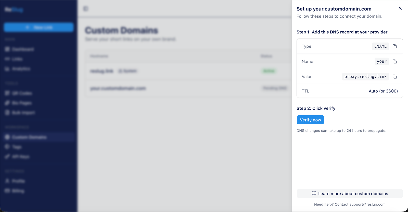 Set up your.customdomain.com side panel showing a CNAME record (Type CNAME, Name your, Value proxy.reslug.link, TTL Auto or 3600) and a Verify now button