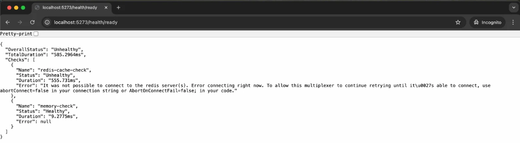 Browser showing filtered health check response with only ready tagged checks