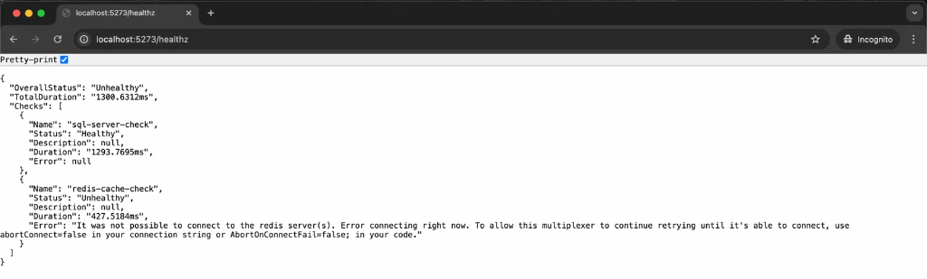 Browser showing detailed JSON health check response with multiple checks