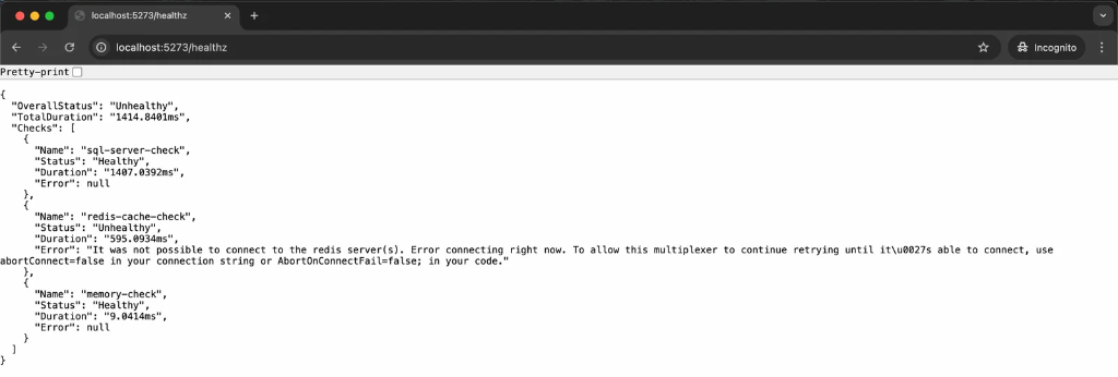 Browser showing health check response with memory check included